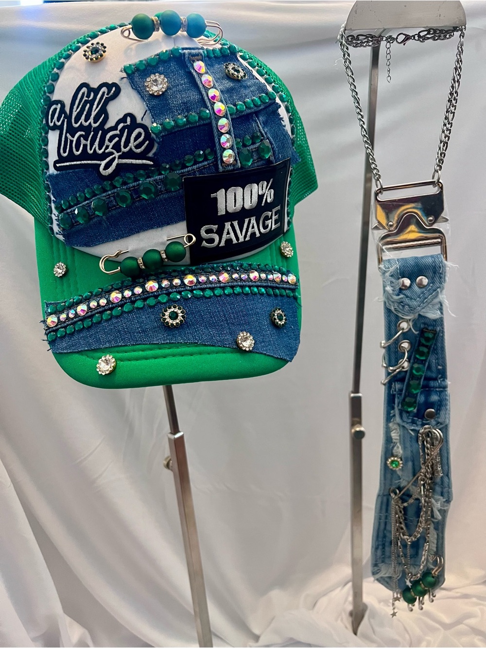 Women Green Denim Patch Cap with match tie - 100% Savage